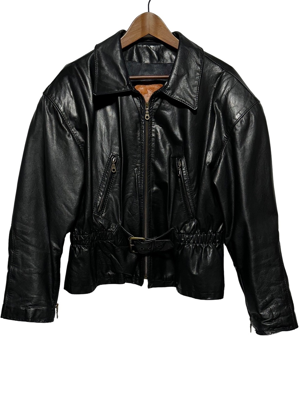 Vintage Black Leather Belted Jacket Cropped Moto Bomber Canada Made